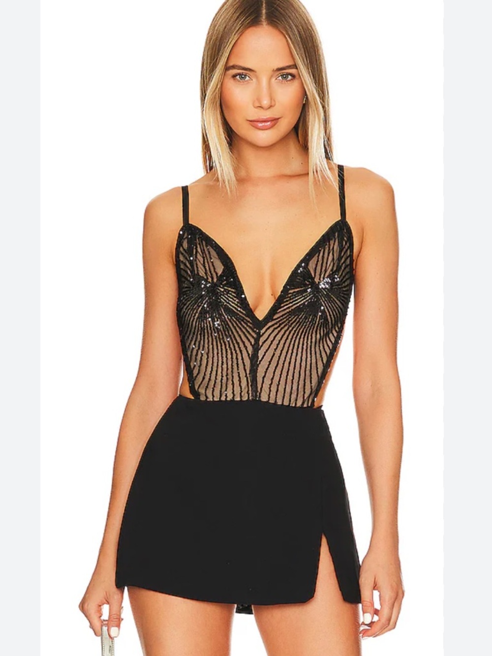 Superdown Lucinda Cut Out Bodysuit Midnight Black Small NWT Revolve Sequin  Tank - Picture 3 of 15